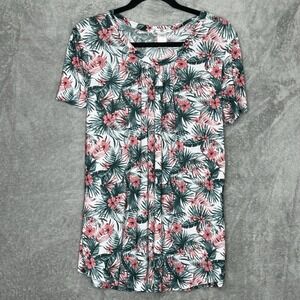 Emily Stacy 3X Shirt Top Green Pink Floral Flower Short Sleeve V Neck Stretch